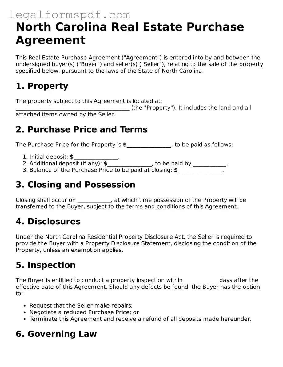 Fillable  Real Estate Purchase Agreement Document for North Carolina