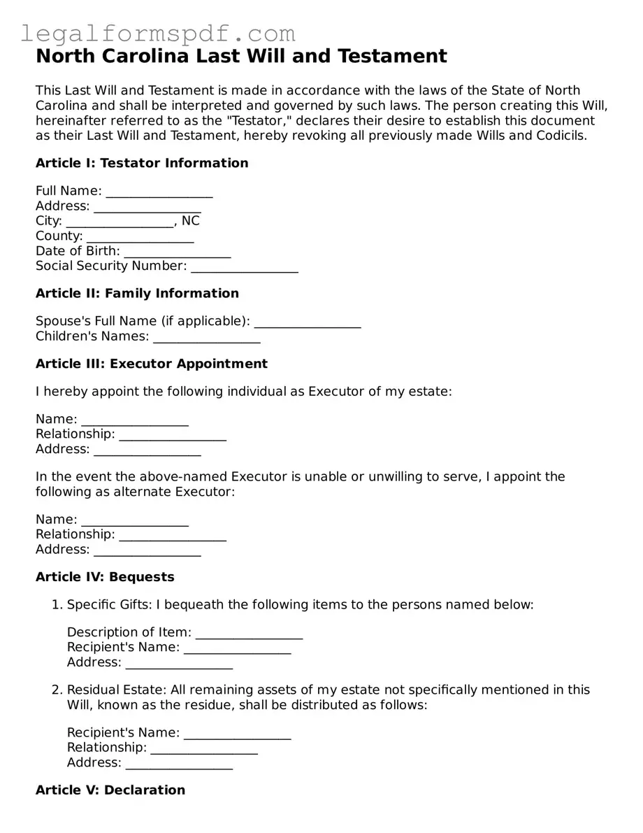 Fillable  Last Will and Testament Document for North Carolina