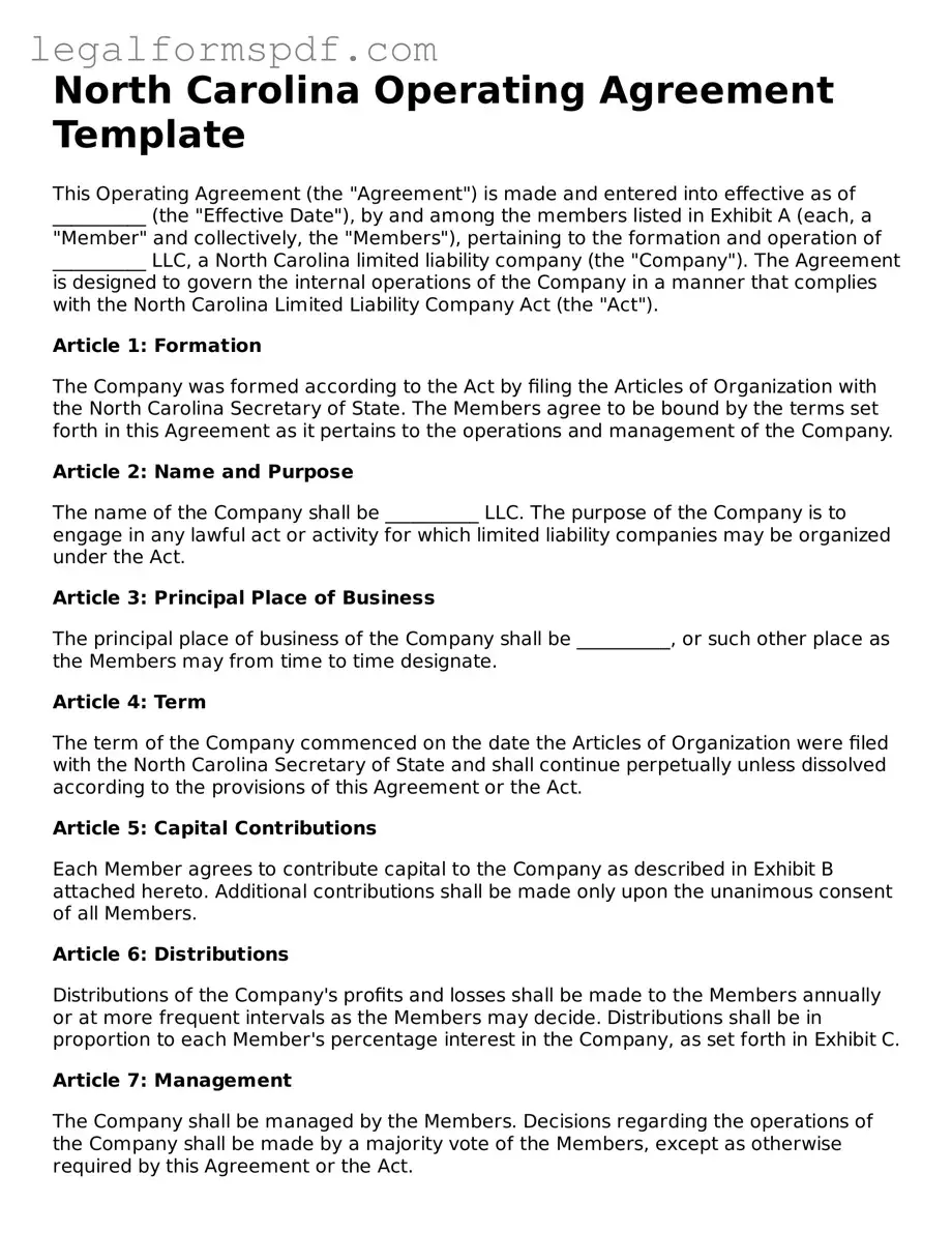 Fillable  Operating Agreement Document for North Carolina
