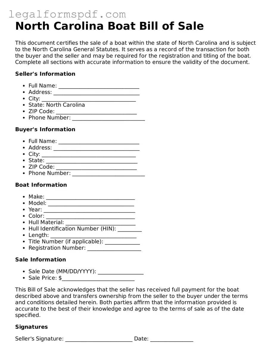 Fillable  Boat Bill of Sale Document for North Carolina