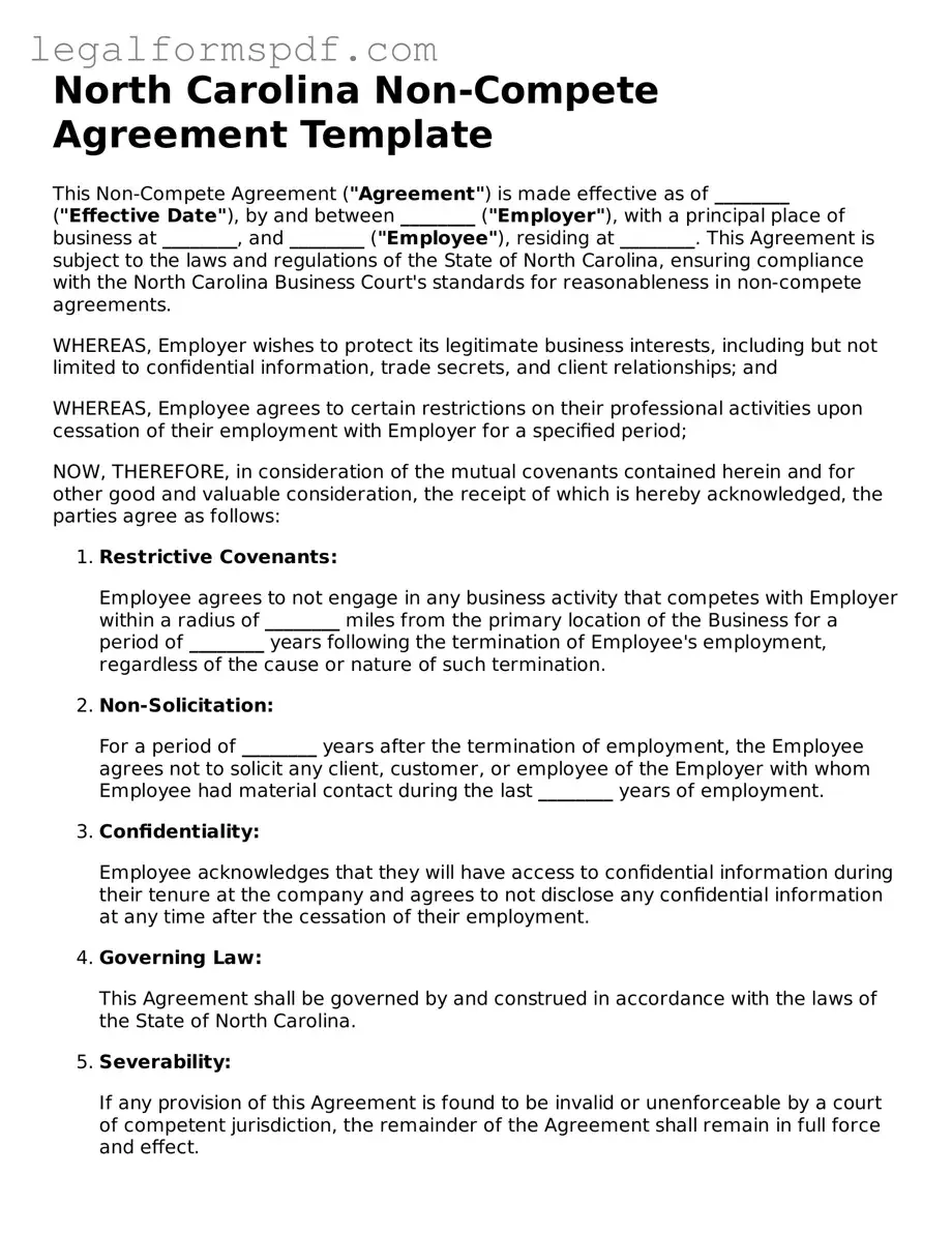Fillable  Non-compete Agreement Document for North Carolina