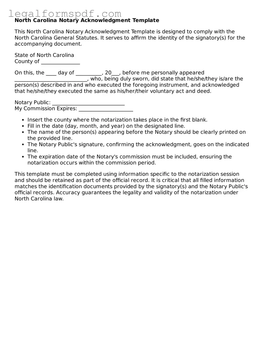 Fillable  Notary Acknowledgement Document for North Carolina