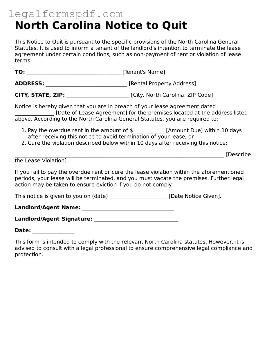 Fillable  Notice to Quit Document for North Carolina