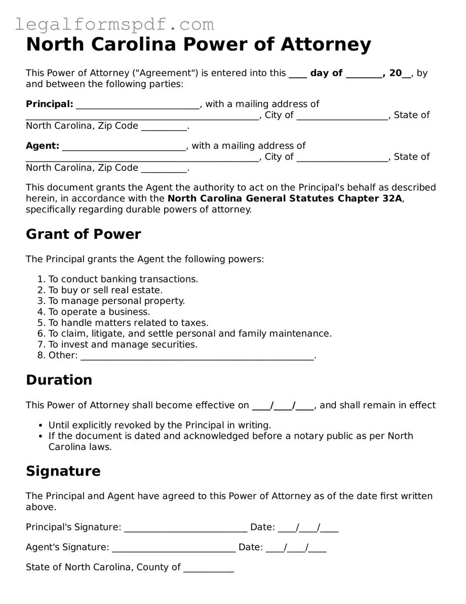 Fillable  Power of Attorney Document for North Carolina