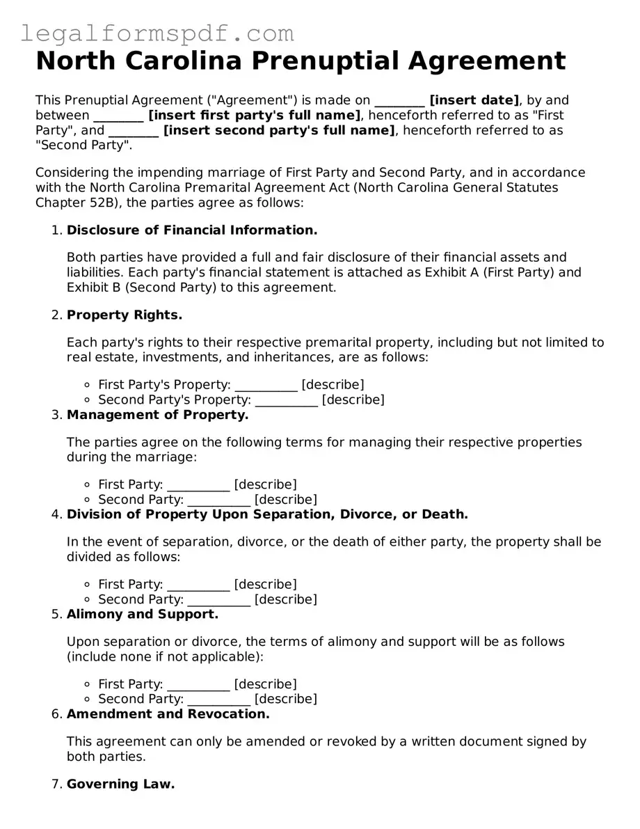 Fillable  Prenuptial Agreement Document for North Carolina