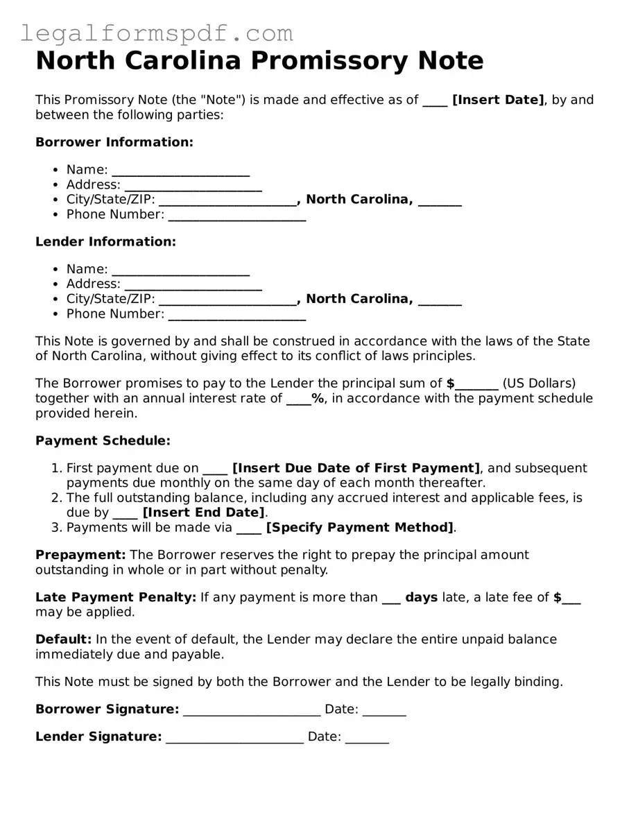 Fillable  Promissory Note Document for North Carolina