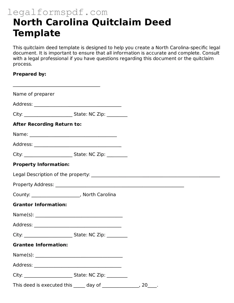 Fillable  Quitclaim Deed Document for North Carolina
