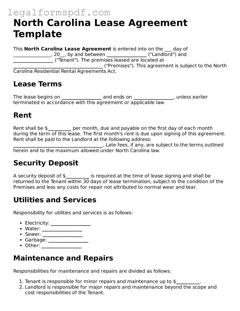 Fillable  Lease Agreement Document for North Carolina