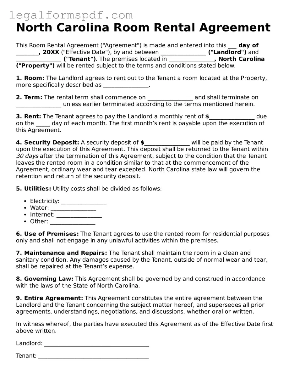 Fillable  Room Rental Agreement Document for North Carolina
