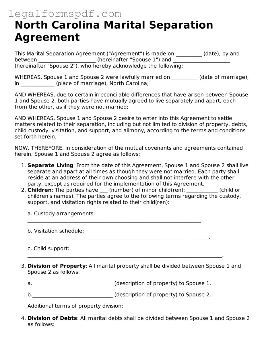Fillable  Marital Separation Agreement Document for North Carolina