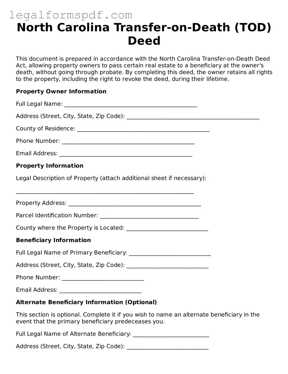 Fillable  Transfer-on-Death Deed Document for North Carolina