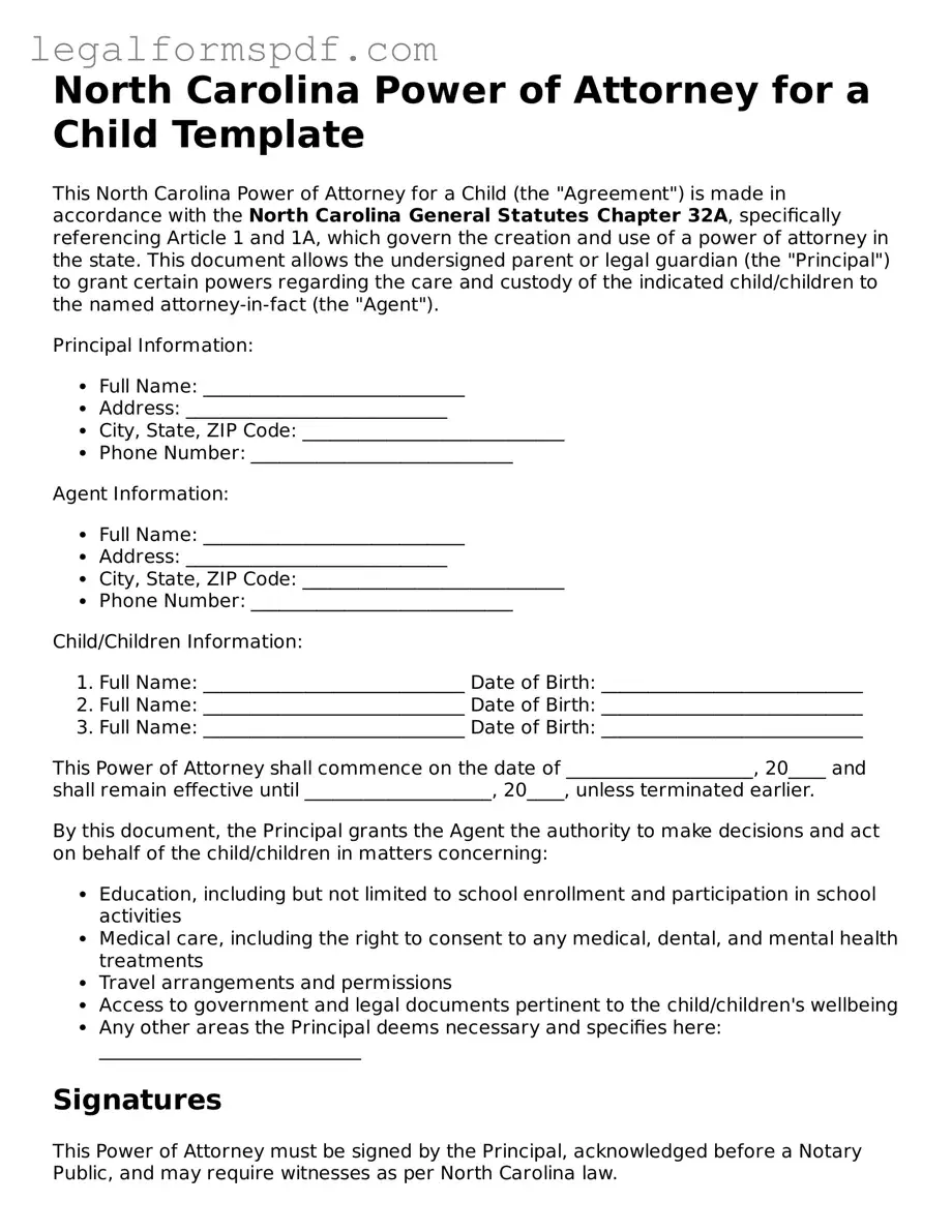 Fillable  Power of Attorney for a Child Document for North Carolina