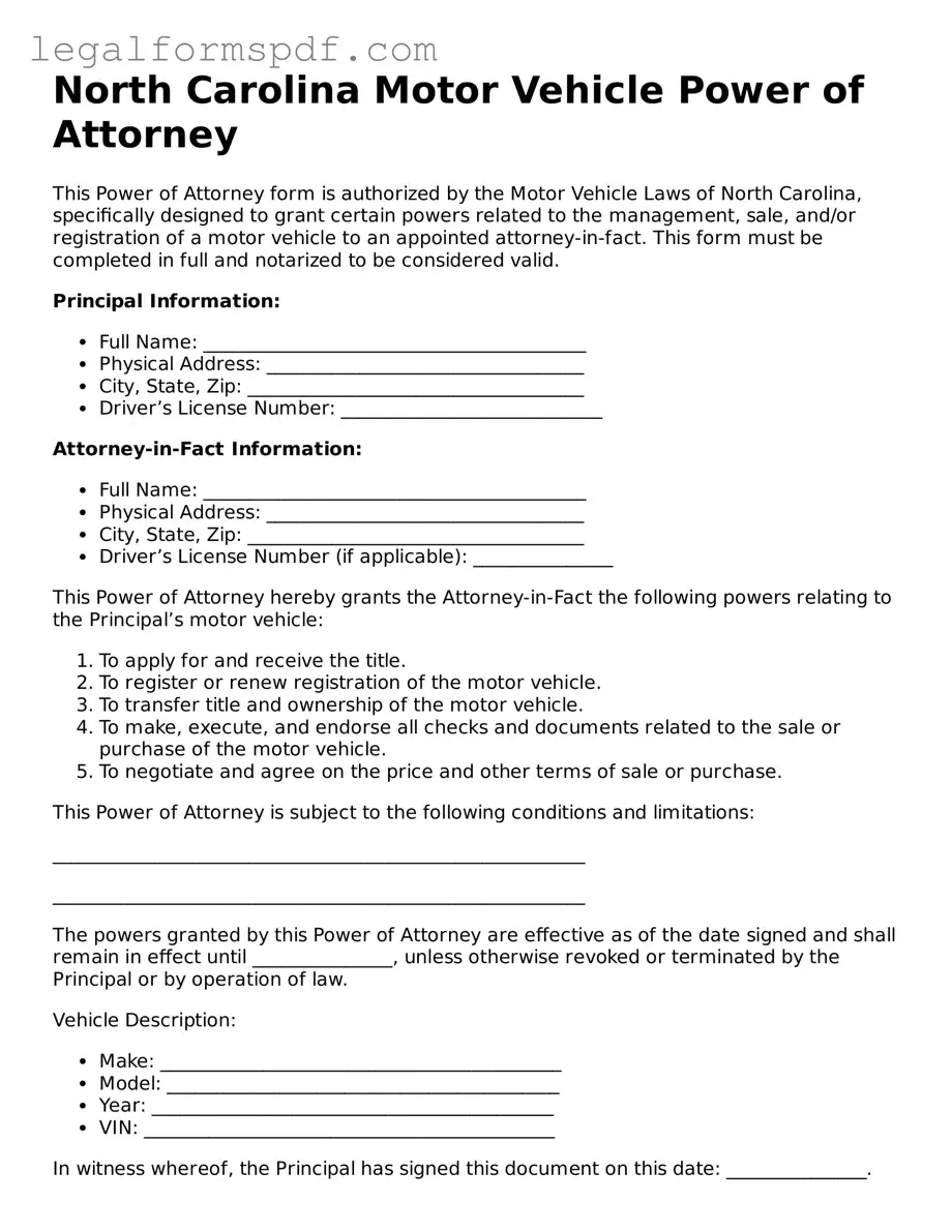 Fillable  Motor Vehicle Power of Attorney Document for North Carolina