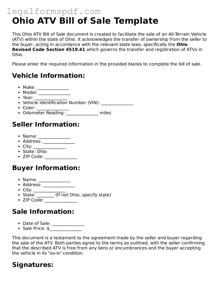 Fillable  ATV Bill of Sale Document for Ohio