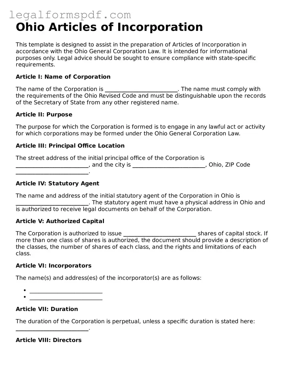 Fillable  Articles of Incorporation Document for Ohio