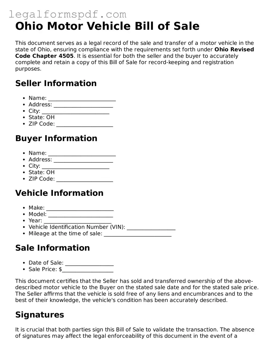 Fillable  Motor Vehicle Bill of Sale Document for Ohio