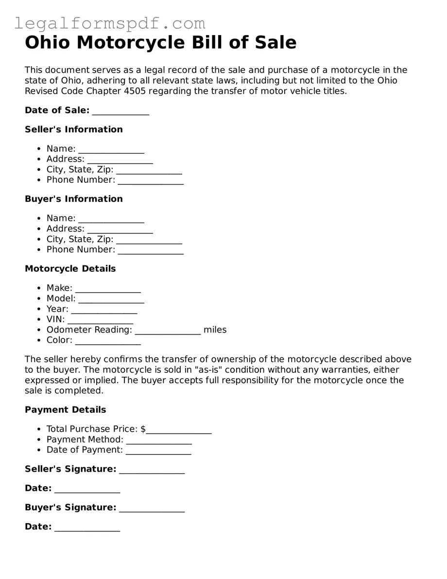 Fillable  Motorcycle Bill of Sale Document for Ohio