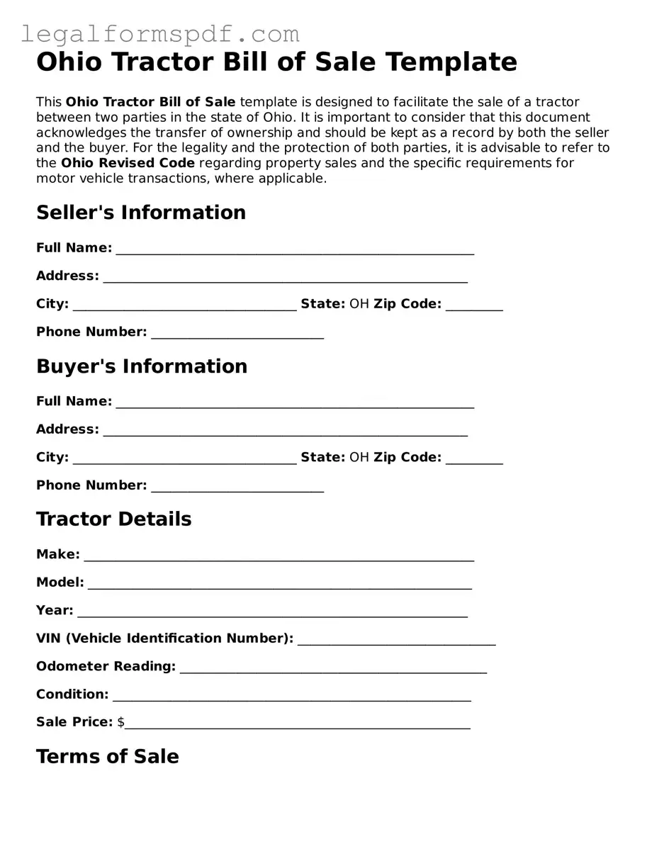 Fillable  Tractor Bill of Sale Document for Ohio