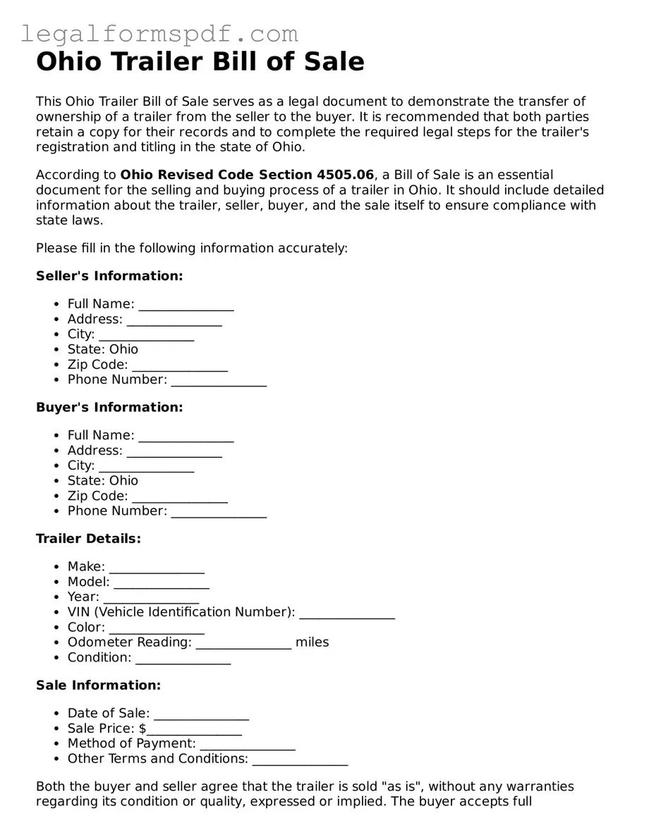 Fillable  Trailer Bill of Sale Document for Ohio