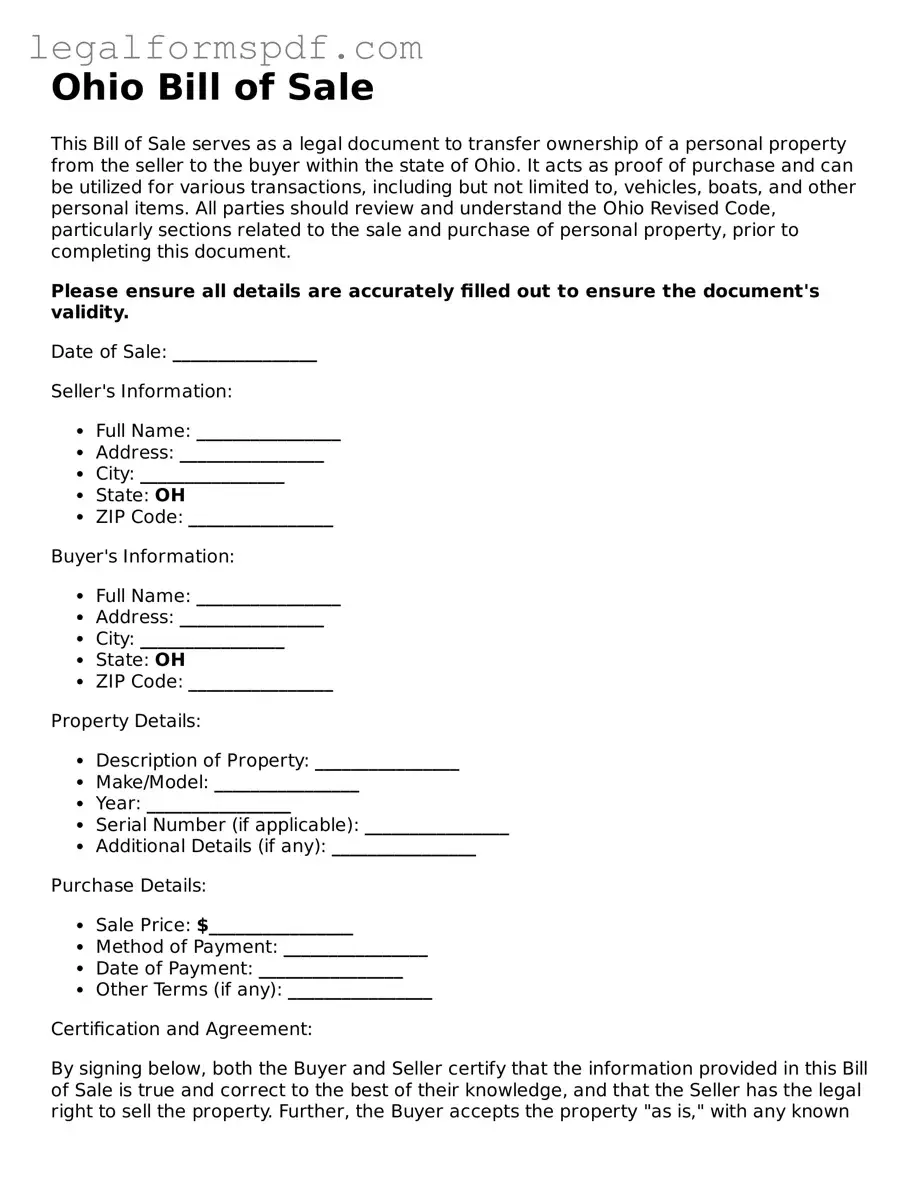 Fillable  Bill of Sale Document for Ohio