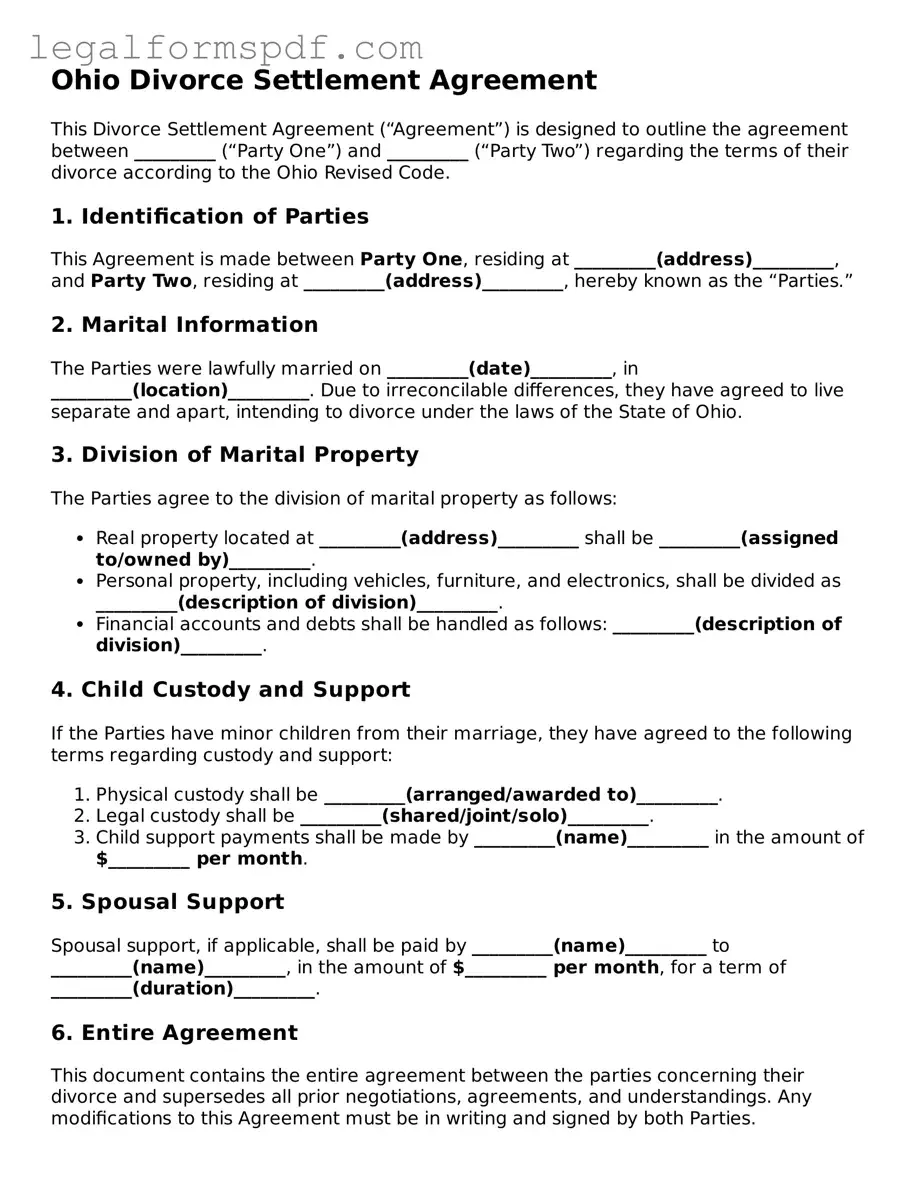 Fillable  Divorce Settlement Agreement Document for Ohio