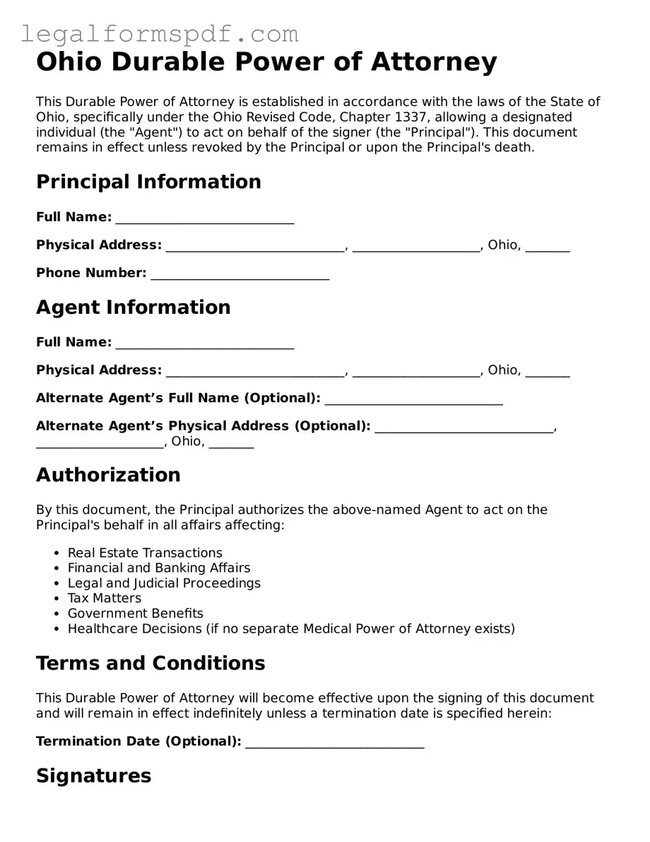Fillable  Durable Power of Attorney Document for Ohio