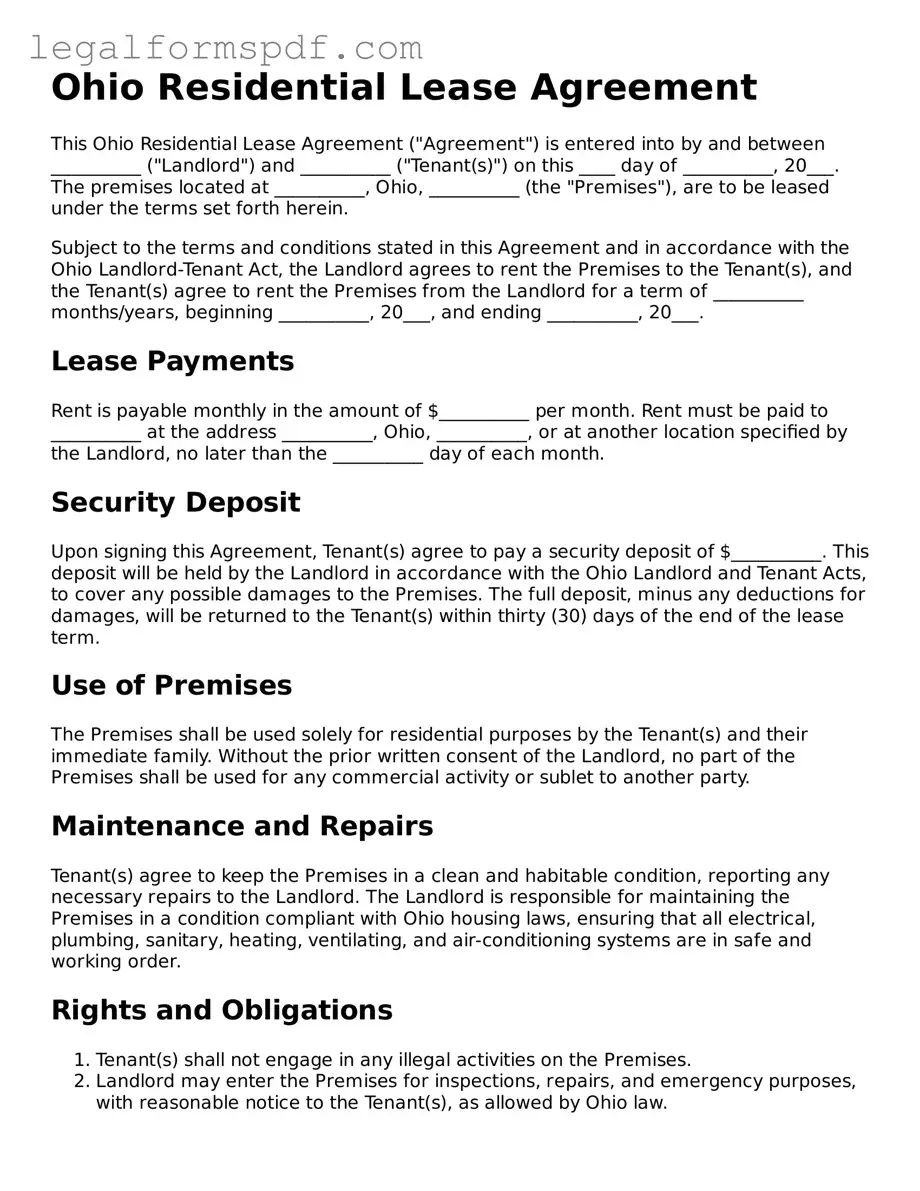 Fillable  Residential Lease Agreement Document for Ohio