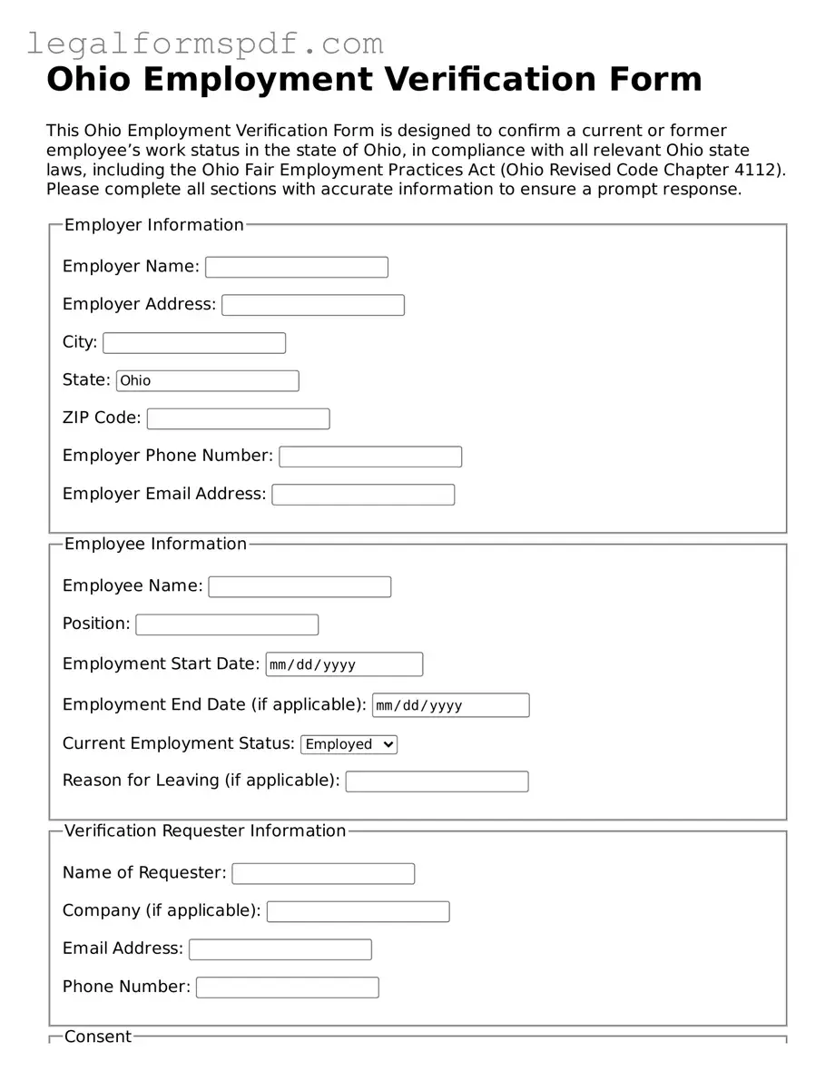 Fillable  Employment Verification Document for Ohio