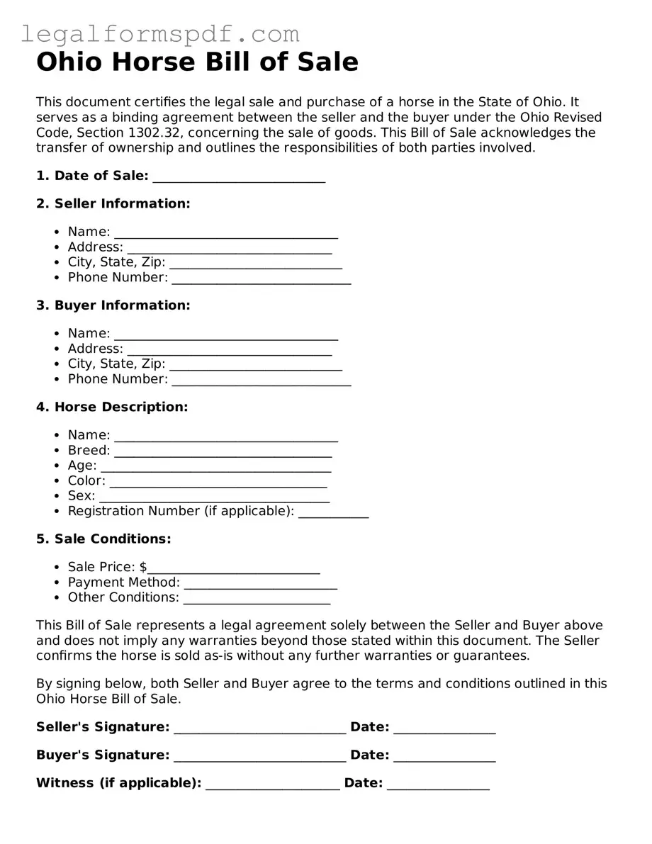 Fillable  Horse Bill of Sale Document for Ohio