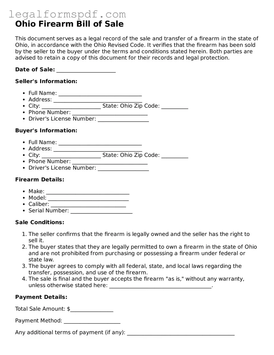 Fillable  Firearm Bill of Sale Document for Ohio