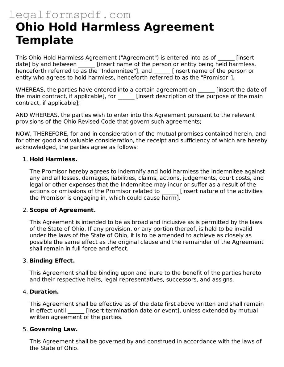 Fillable  Hold Harmless Agreement Document for Ohio