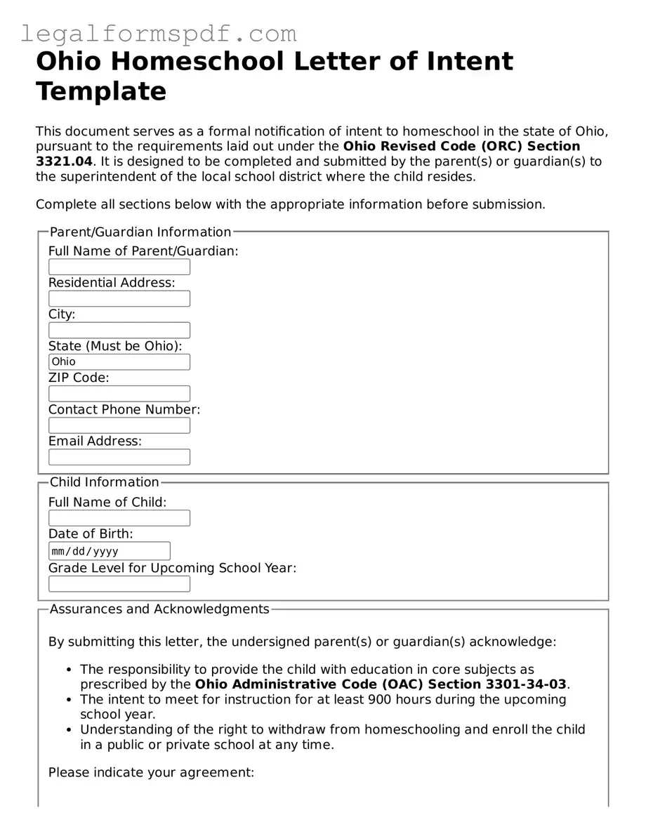 Fillable  Homeschool Letter of Intent Document for Ohio
