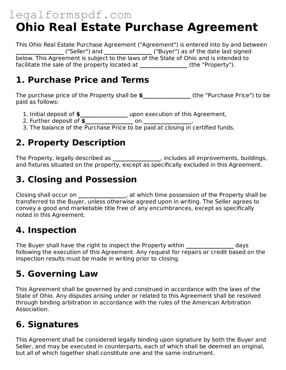 Fillable  Real Estate Purchase Agreement Document for Ohio