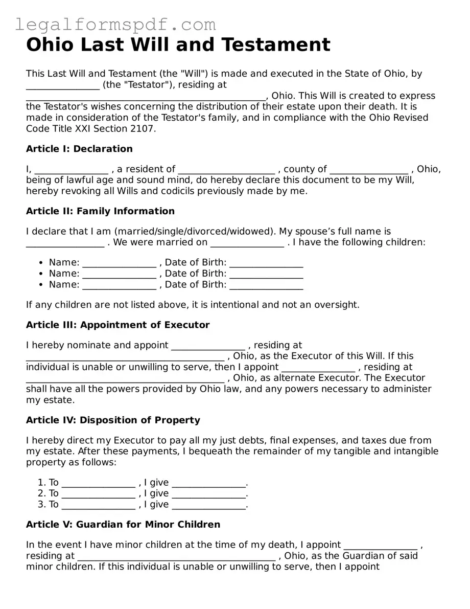 Fillable  Last Will and Testament Document for Ohio