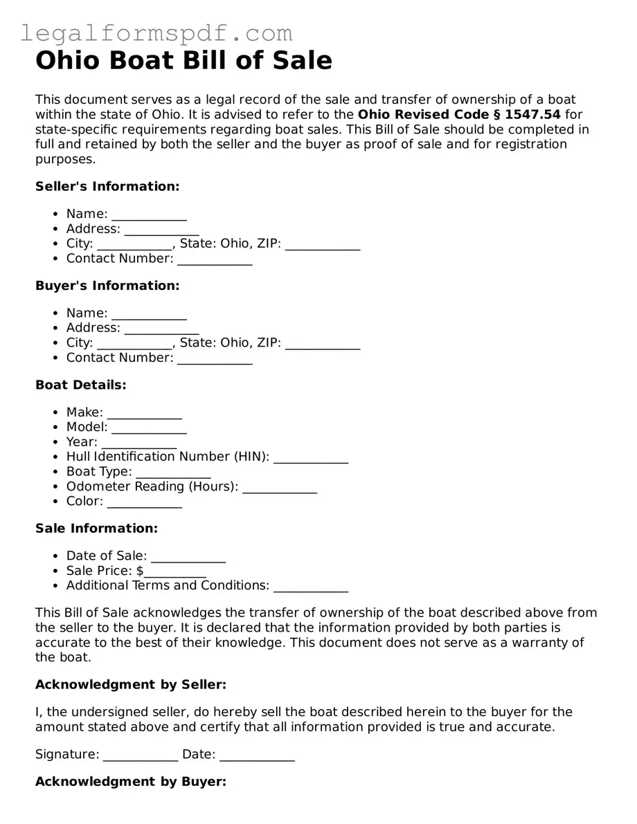 Fillable  Boat Bill of Sale Document for Ohio