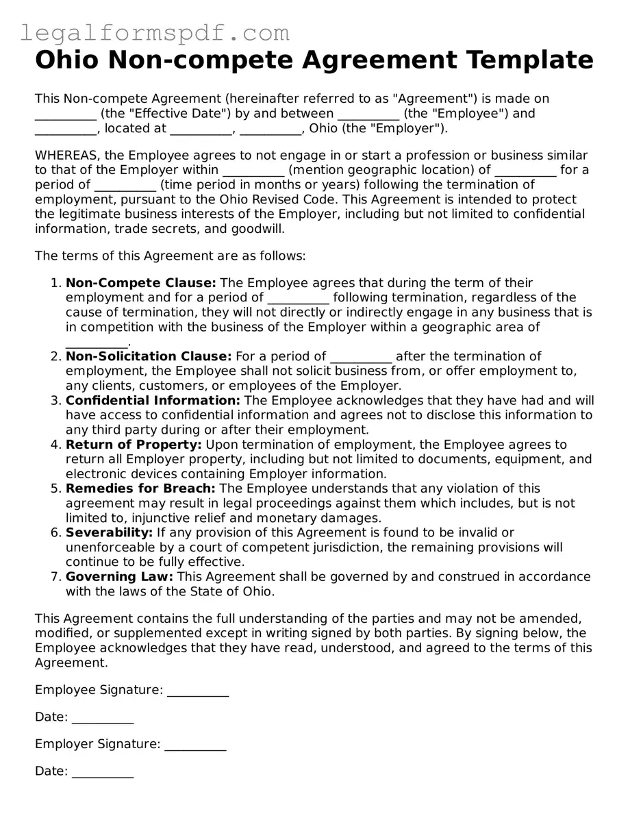 Fillable  Non-compete Agreement Document for Ohio
