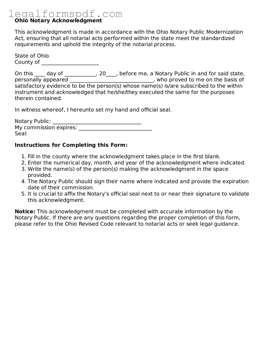 Fillable  Notary Acknowledgement Document for Ohio