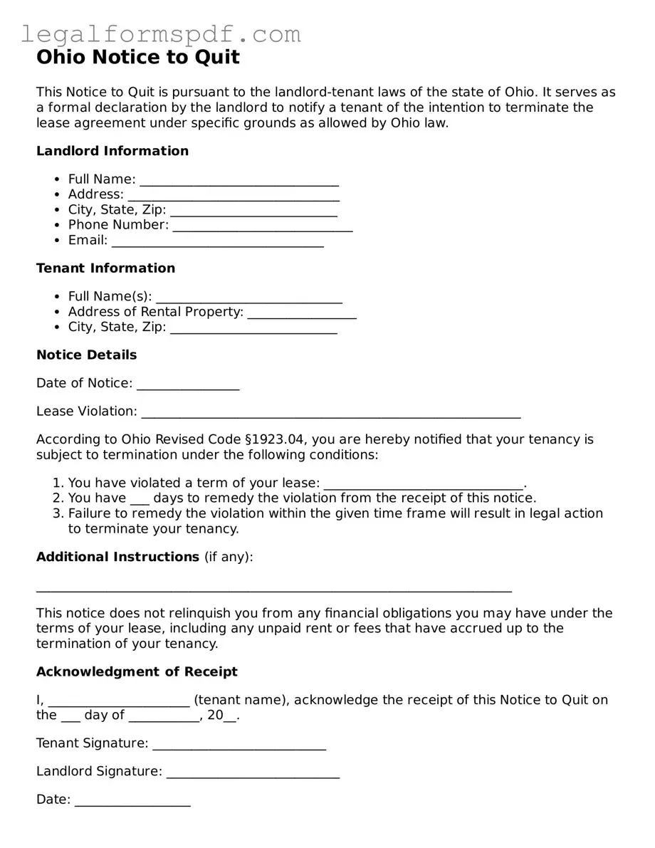 Fillable  Notice to Quit Document for Ohio