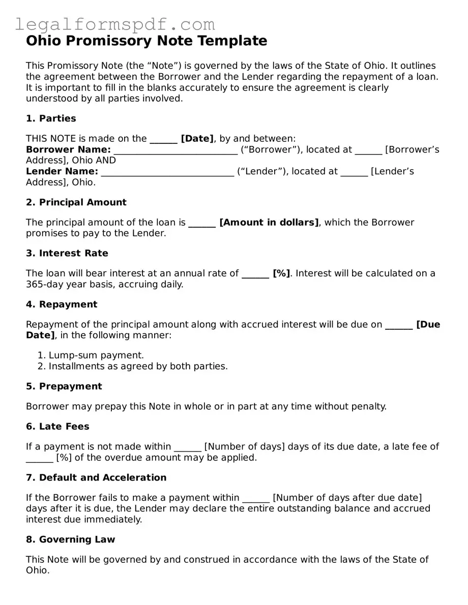 Fillable  Promissory Note Document for Ohio