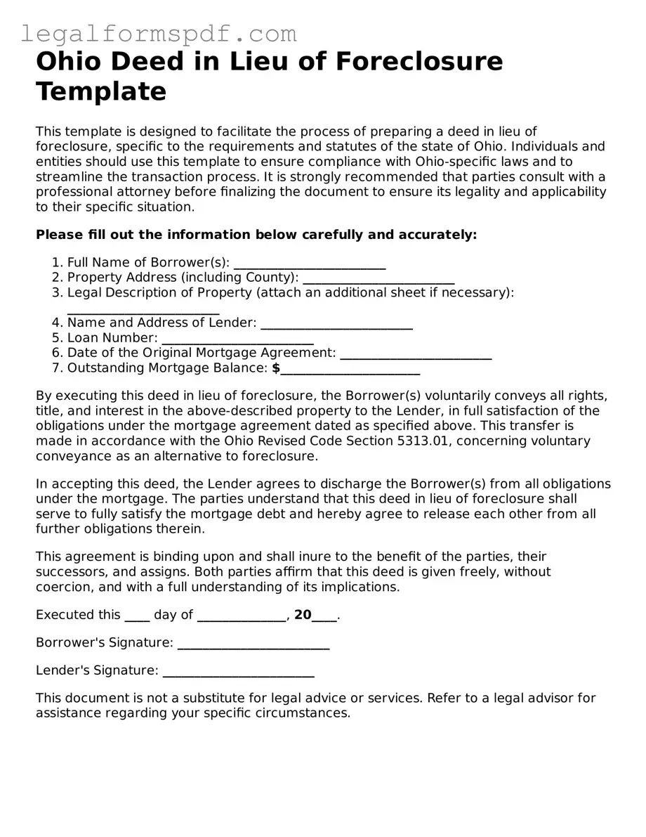 Fillable  Deed in Lieu of Foreclosure Document for Ohio