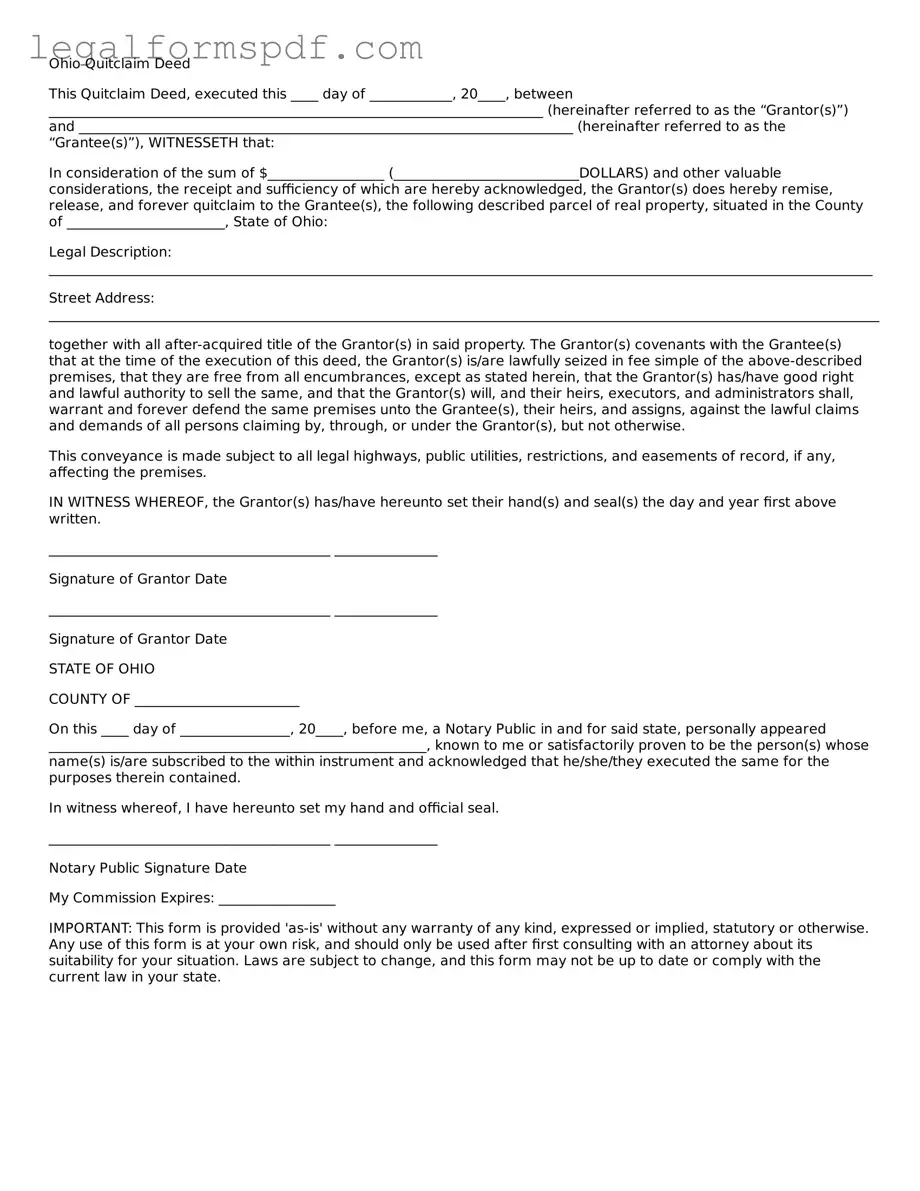 Fillable  Quitclaim Deed Document for Ohio