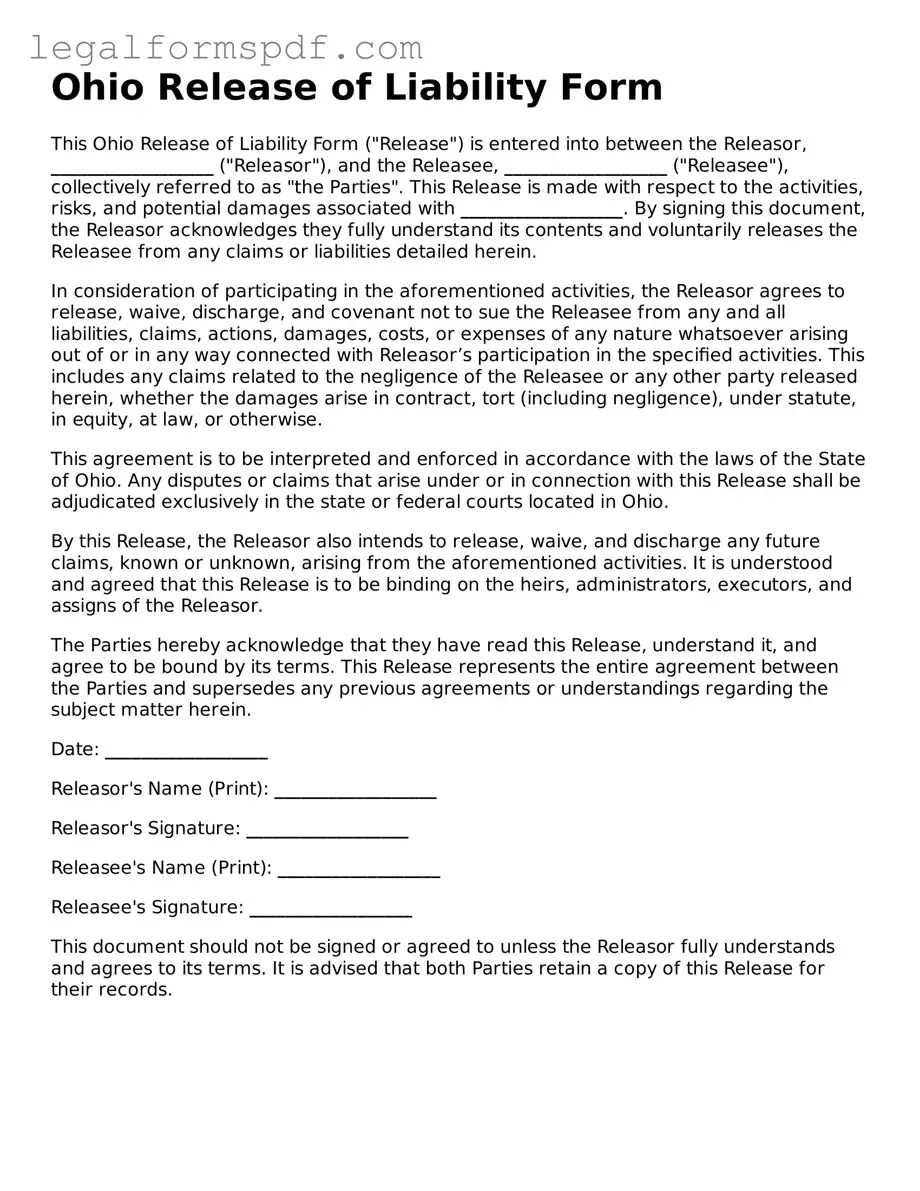 Fillable  Release of Liability Document for Ohio