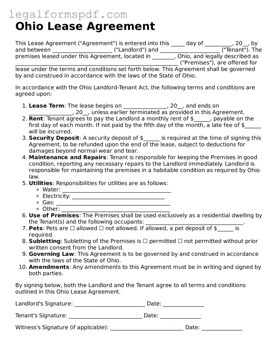 Fillable  Lease Agreement Document for Ohio