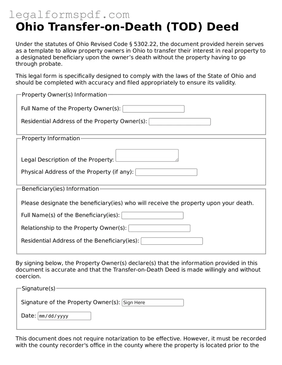 Fillable  Transfer-on-Death Deed Document for Ohio