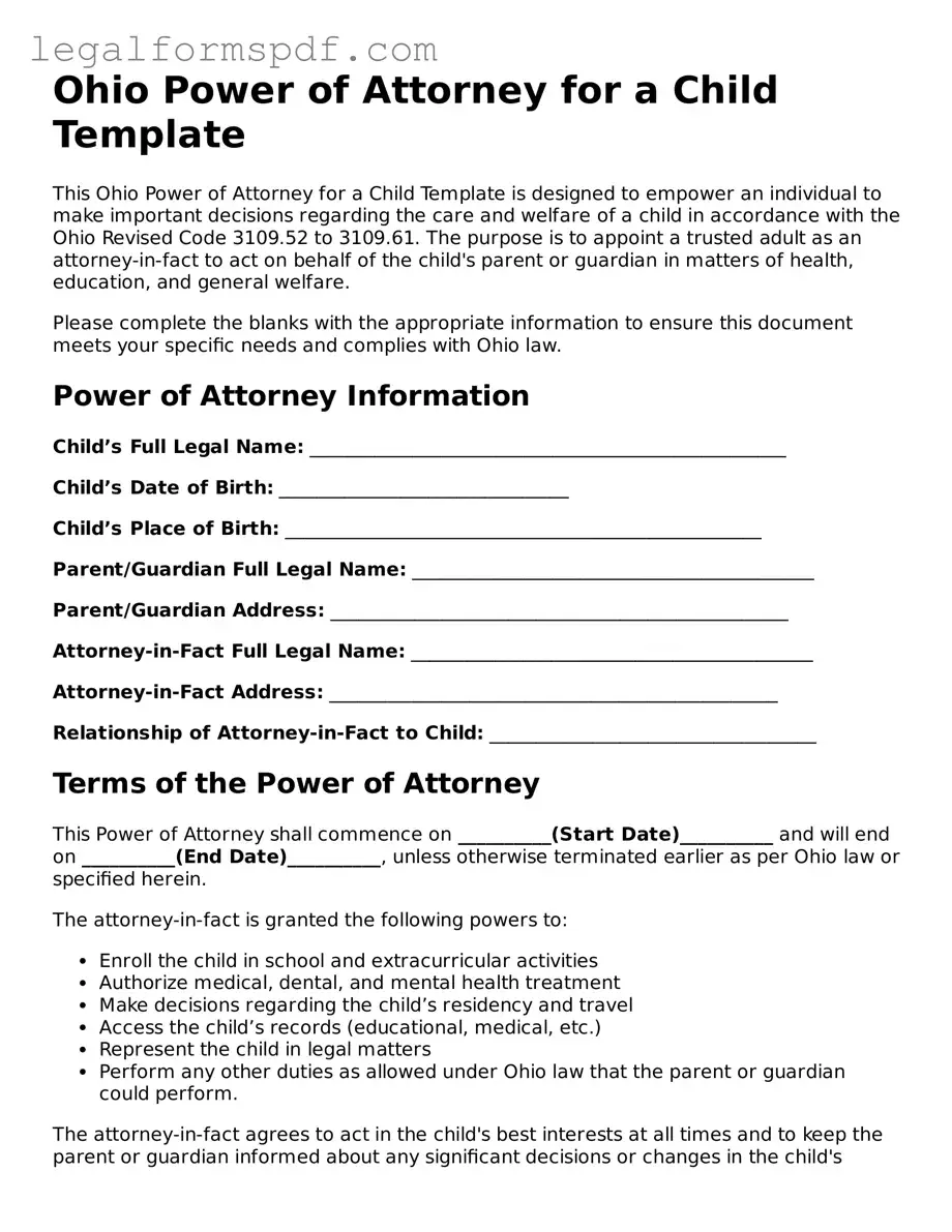 Fillable  Power of Attorney for a Child Document for Ohio