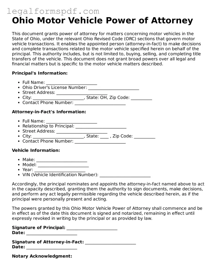 Fillable  Motor Vehicle Power of Attorney Document for Ohio