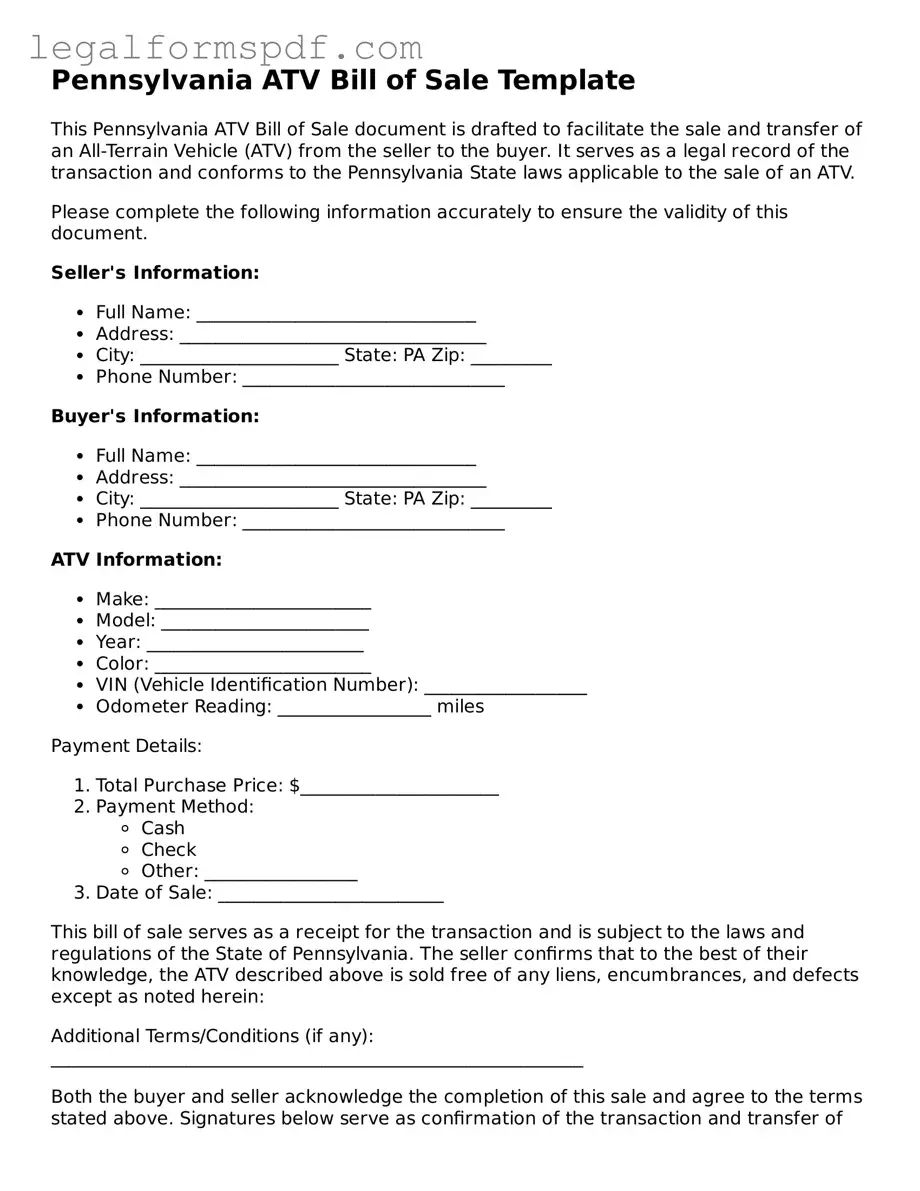 Fillable  ATV Bill of Sale Document for Pennsylvania