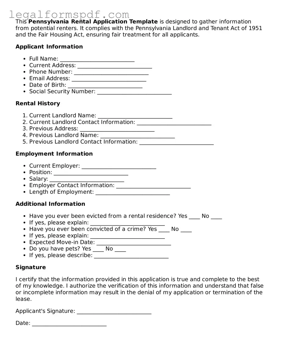 Fillable  Rental Application Document for Pennsylvania