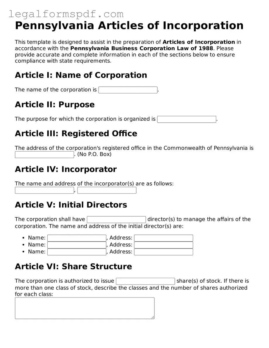 Fillable  Articles of Incorporation Document for Pennsylvania
