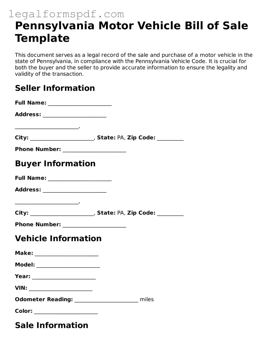 Fillable  Motor Vehicle Bill of Sale Document for Pennsylvania